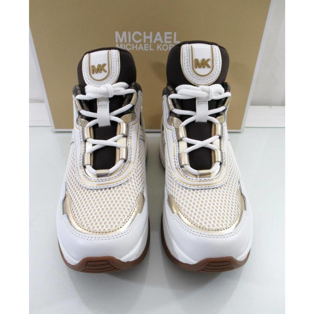 Michael Kors Olympia Trainer Lace Up Wedge Sneakers MK Logo Pale Gold - Picture 6 of 10